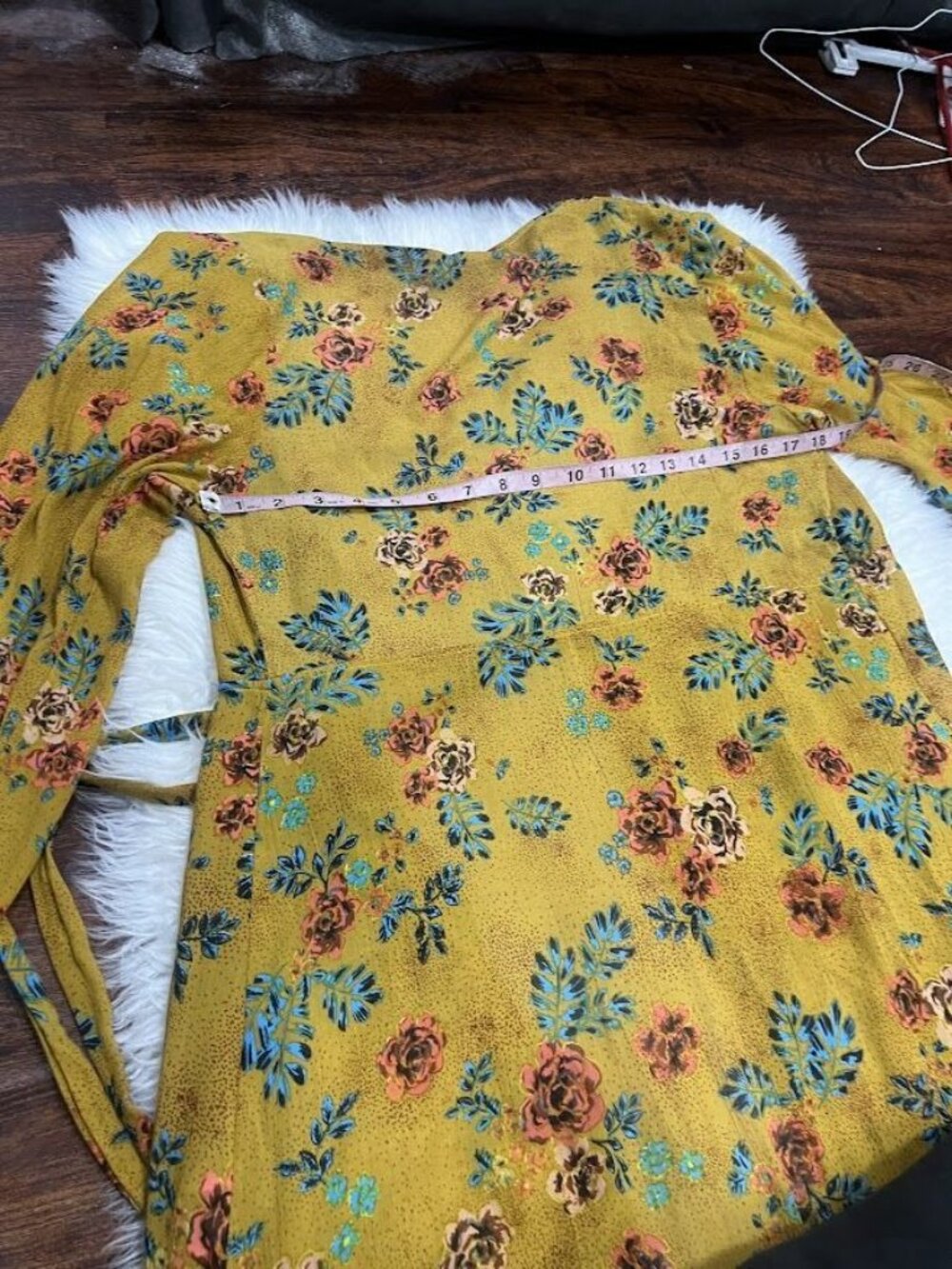 Floral Yellow Wrap Midi Dress M With Tie Waist & Long Sleeves - Picture 6 of 8